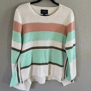 Anthropologie La Fee Verte Sweater Striped mint coral Asymmetric gold zip S